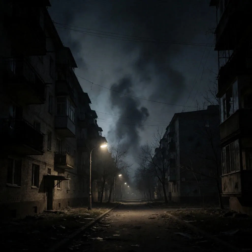 Barrio residencial urbano en la oscuridad con luces tenues y humo disperso entre edificios