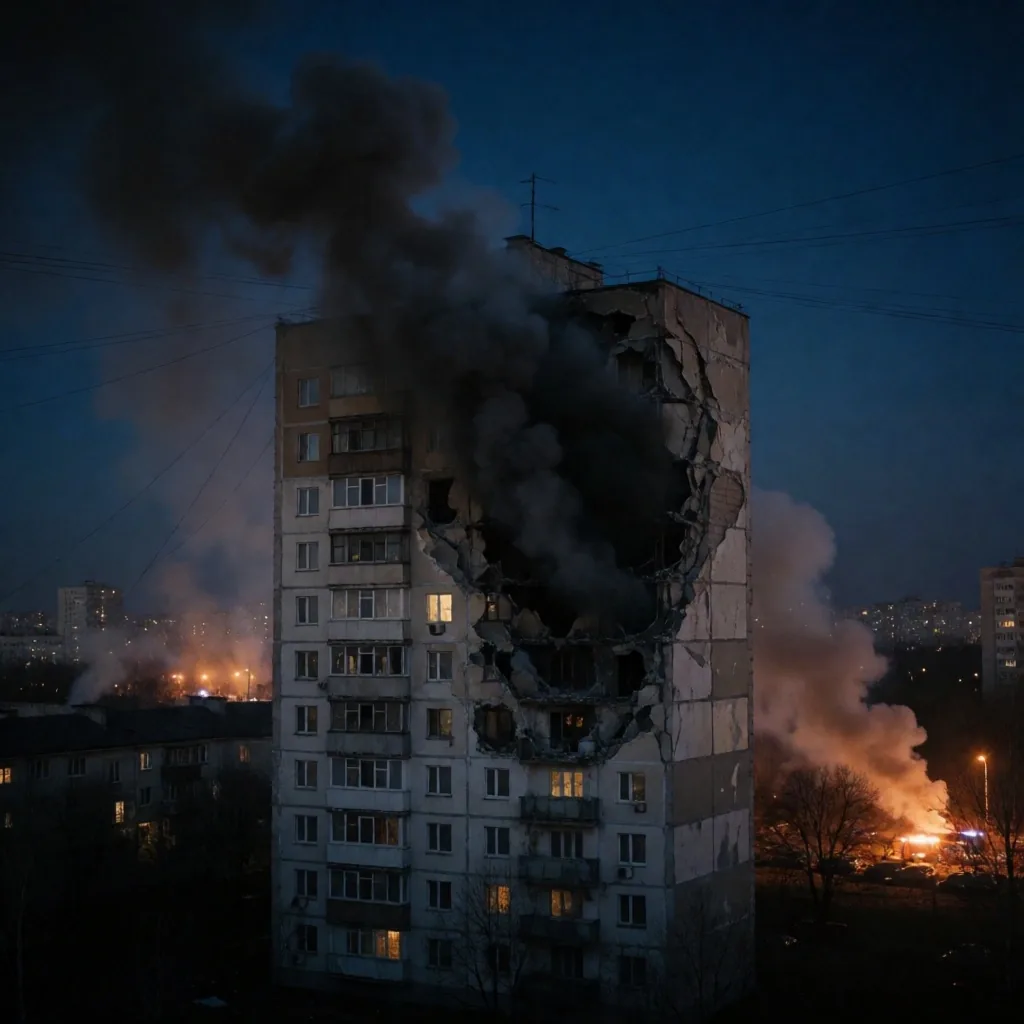 Vista nocturna de la ciudad de Kiev con humo ascendiendo desde un edificio residencial dañado