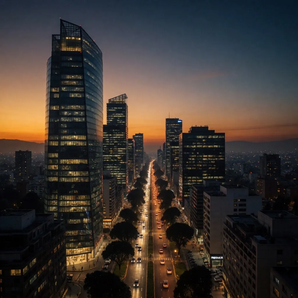 Horizonte urbano de la Ciudad de México al anochecer
