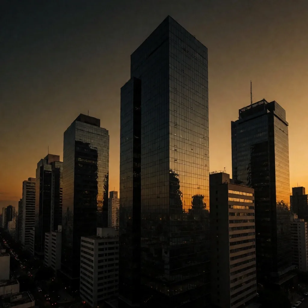 Ciudad de México al anochecer, torres de Polanco recortadas contra un cielo ámbar profundo