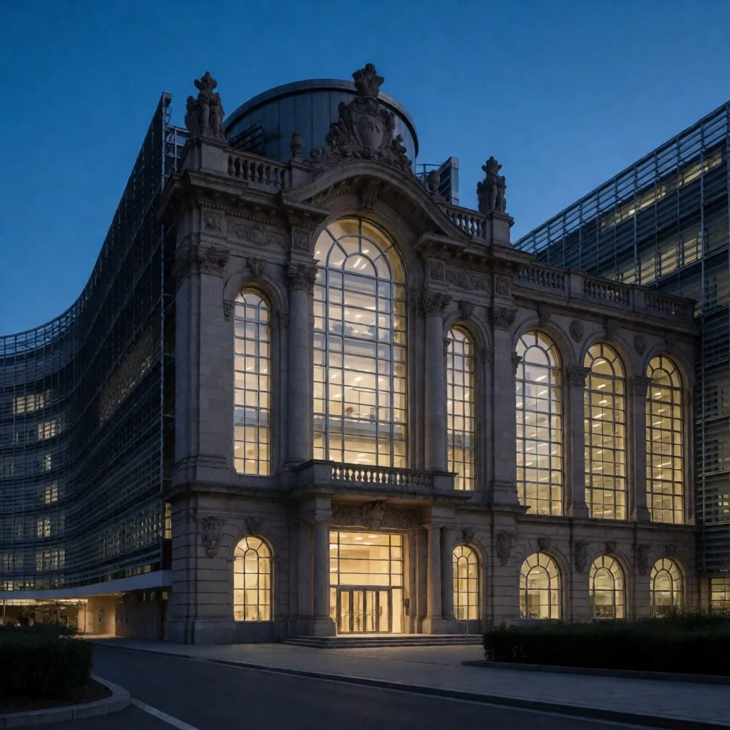 Edificio de gobierno europeo al anochecer