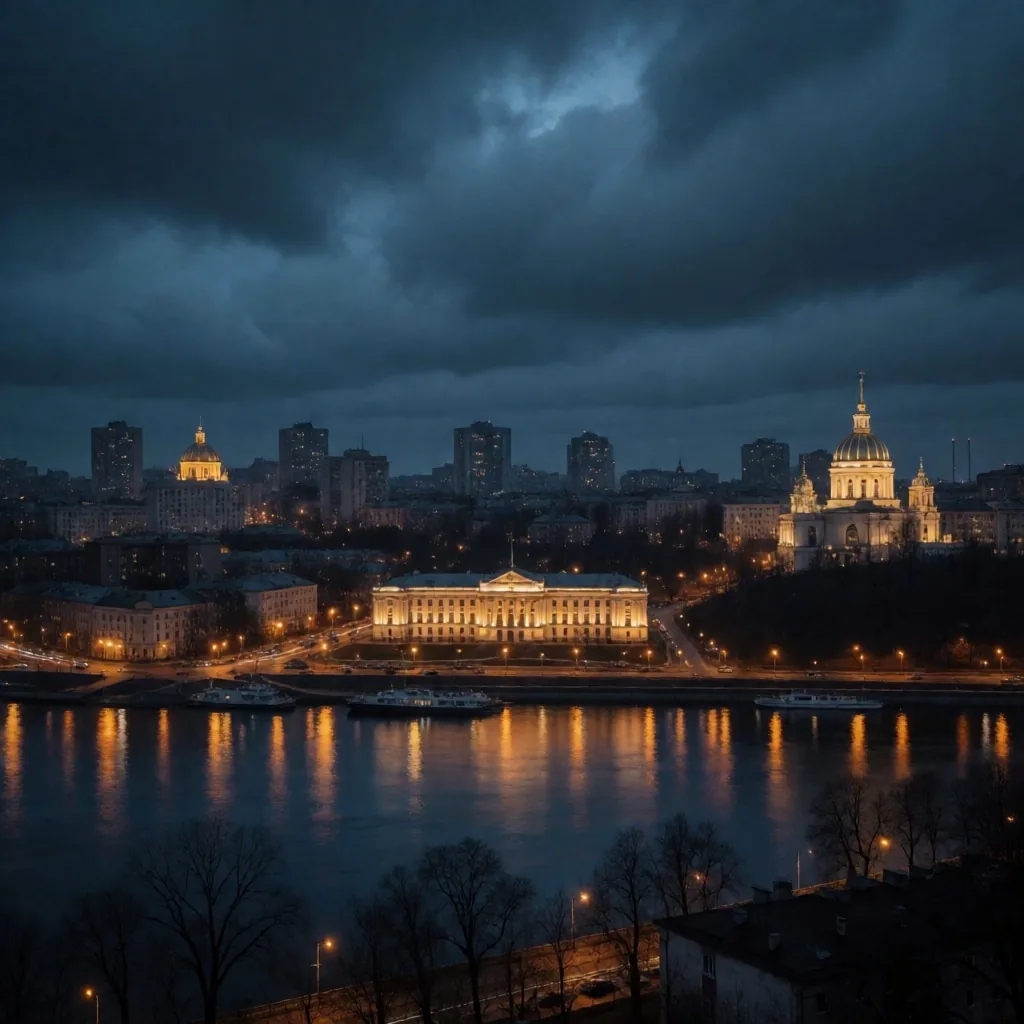 Skyline nocturno de Kiev al anochecer