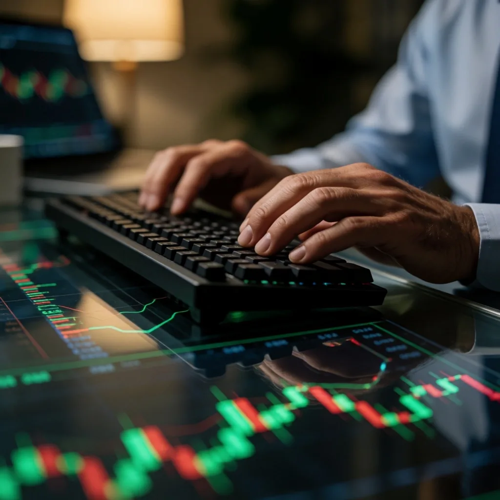 Escritorio de trading nocturno con gráficos de divisas