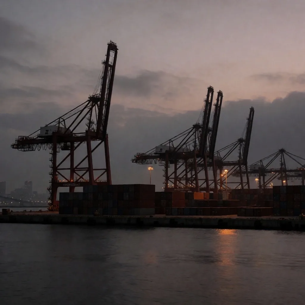 Port de Yokohama al amanecer con grúas de carga