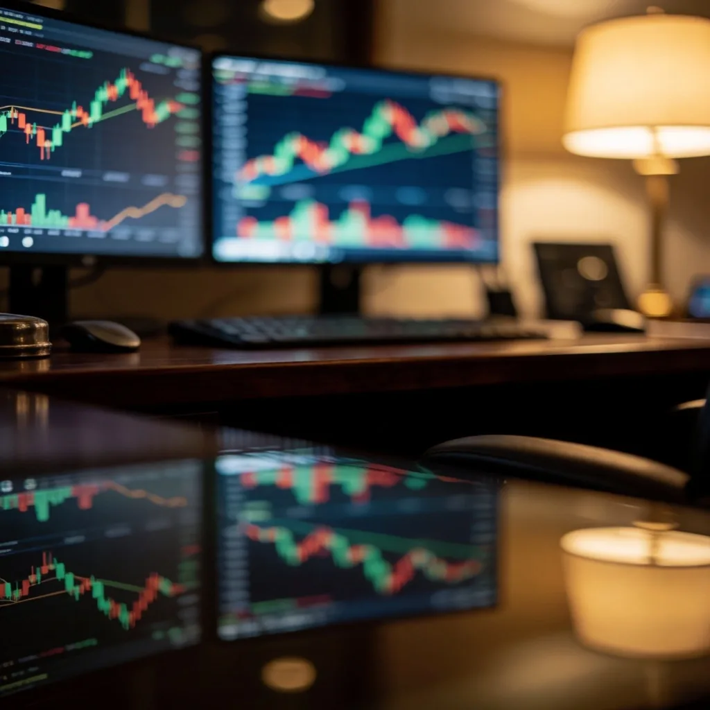 Escritorio de análisis financiero nocturno