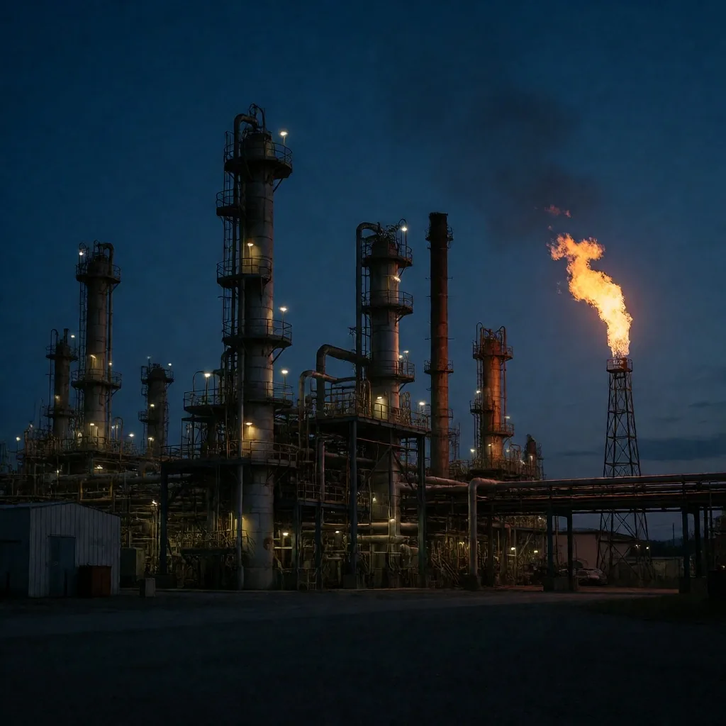 Refinería de petróleo al anochecer