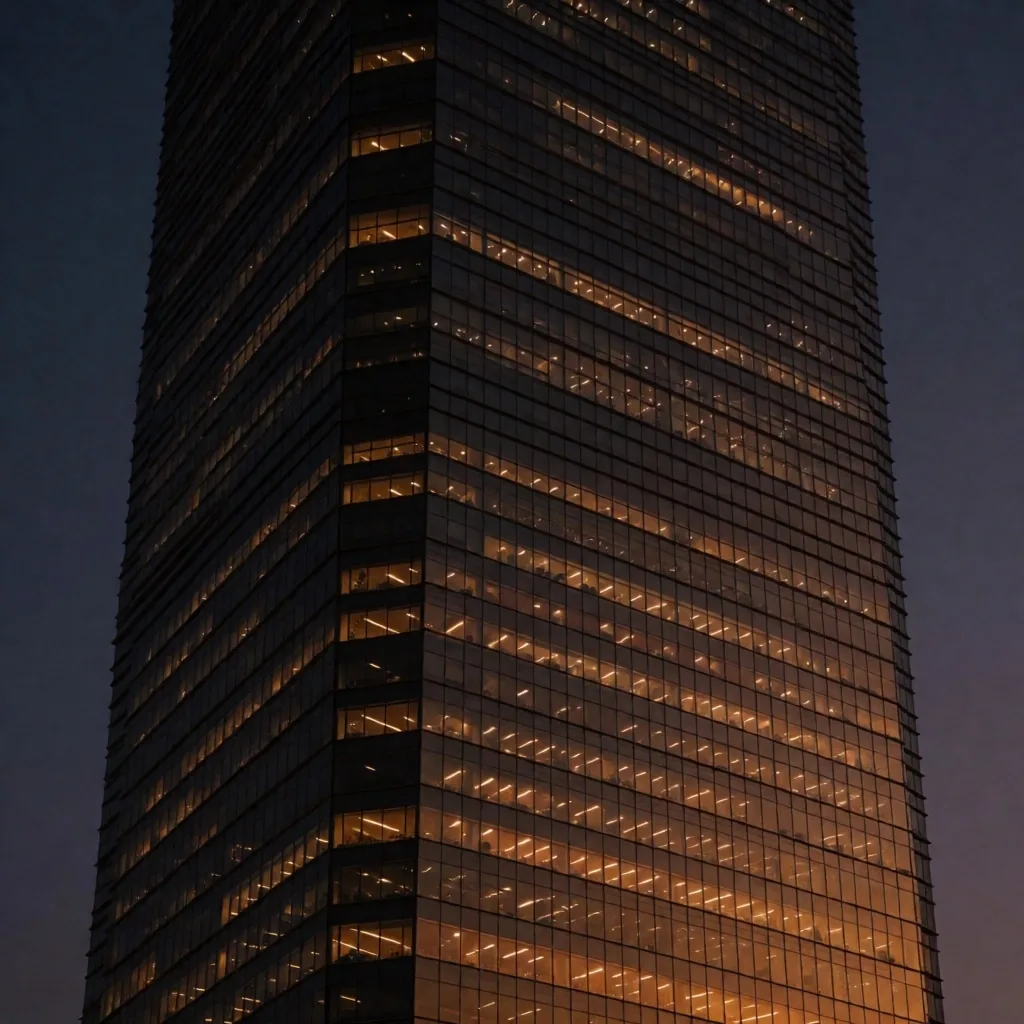 Fachada de torre bancaria en una ciudad asiática al anochecer