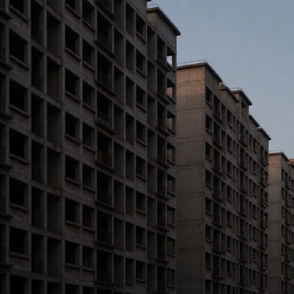 Torres residenciales inacabadas en una ciudad china al anochecer