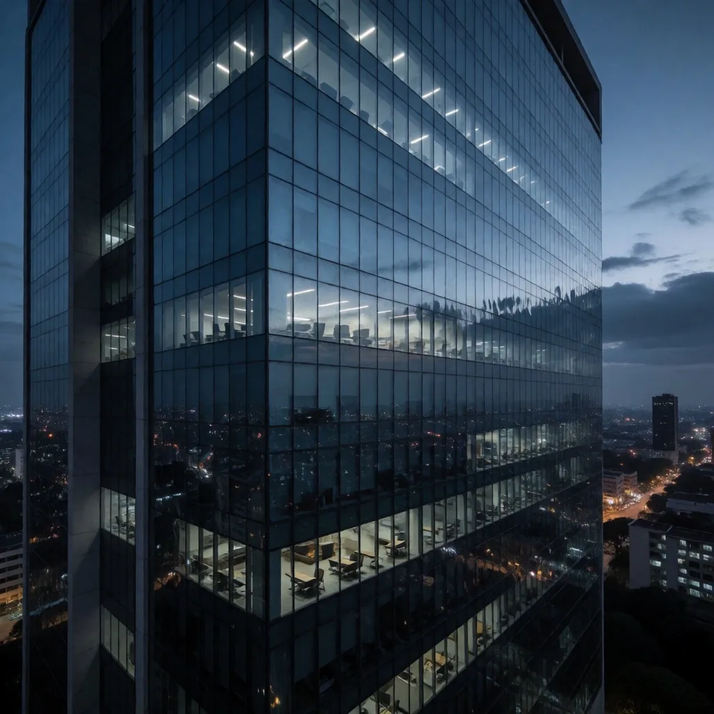 Distrito financiero de Nairobi de noche con rascacielos iluminados