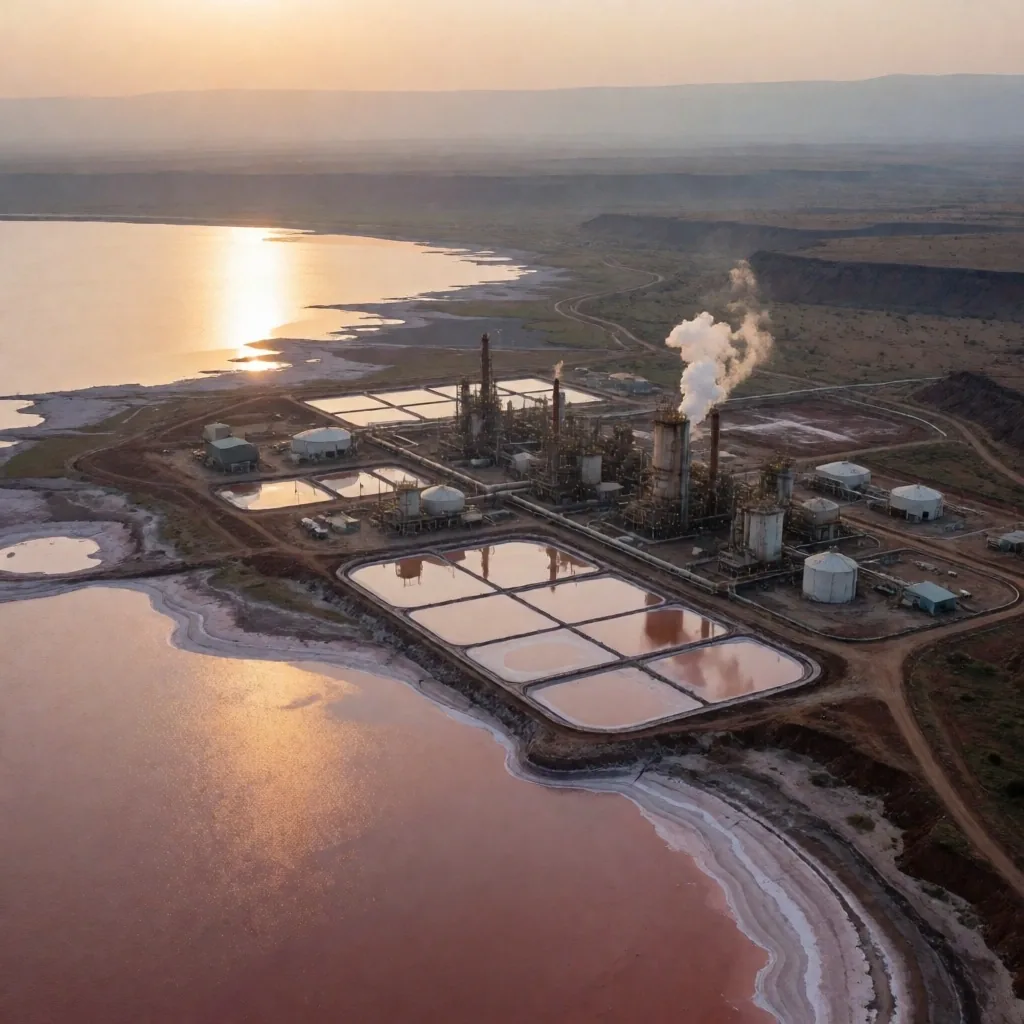 Instalación industrial a la orilla del lago Magadi en Kenia al atardecer
