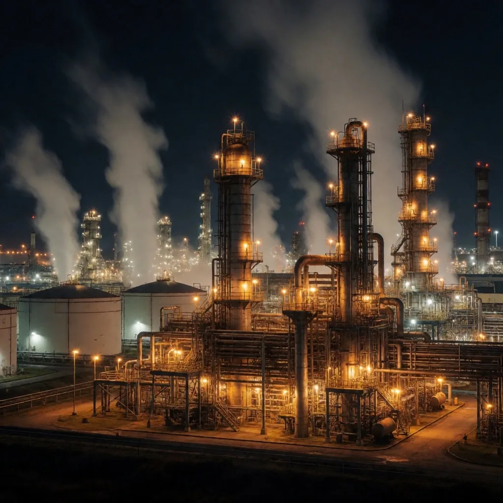 Refinería de petróleo iluminada durante la noche