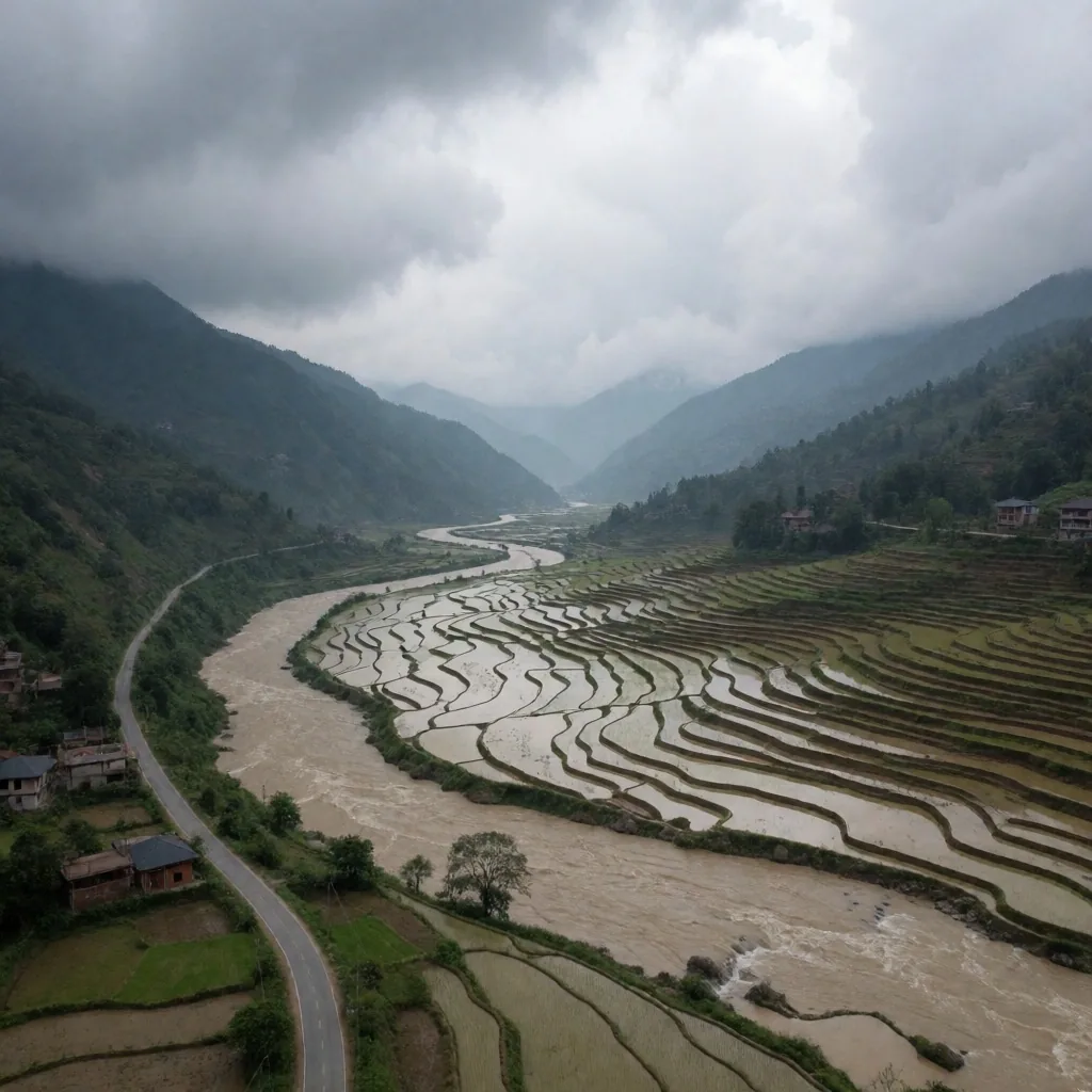 Valle inundado en Nepal visto desde arriba