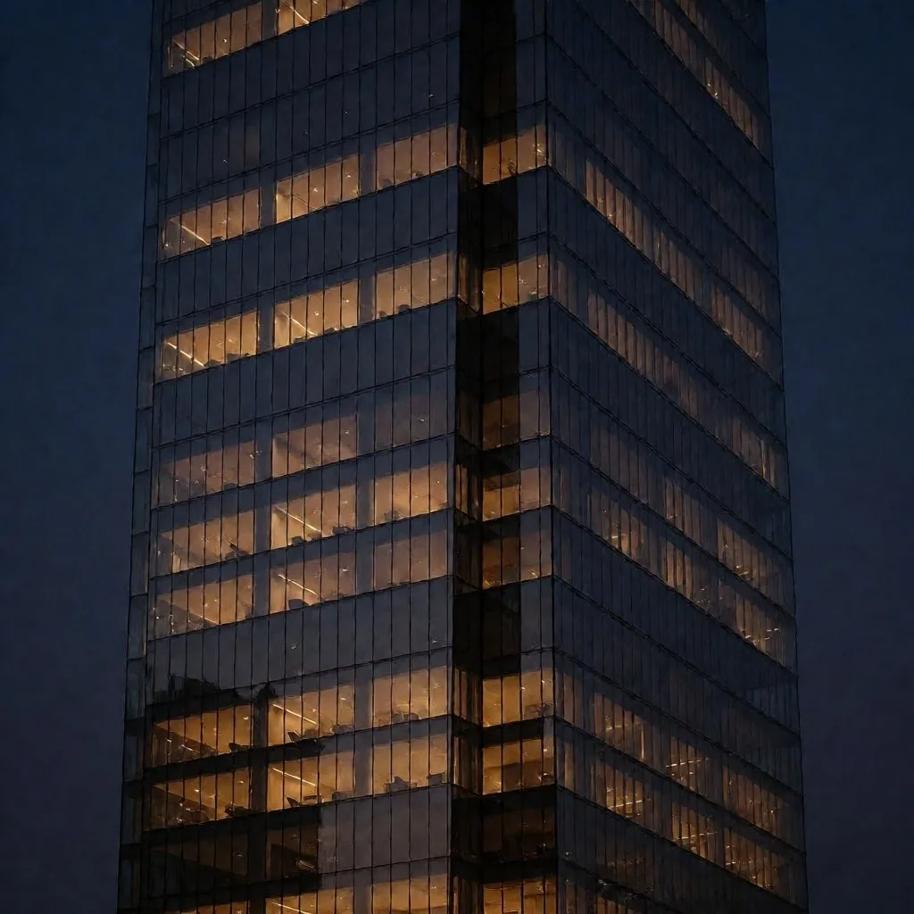 Edificio corporativo nocturno en la Ciudad de México