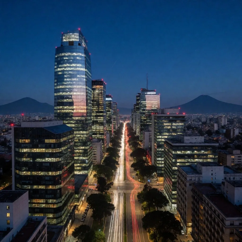 Horizonte urbano de la Ciudad de México al anochecer