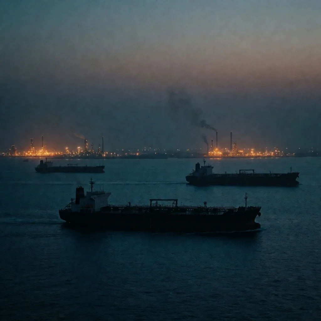 Estrecho de Ormuz al anochecer con buques tanquero y luces de refinería distantes