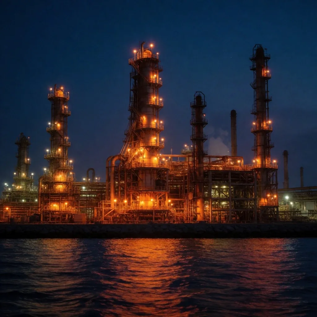 Refinería petrolera nocturna junto al Golfo Pérsico