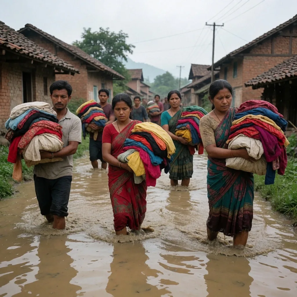 Familias nepalíes evacuando zona inundada con sus pertenencias