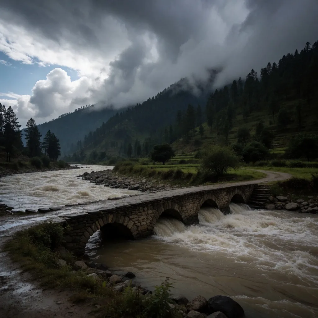 Inundaciones en valle del Himalaya nepalí al anochecer