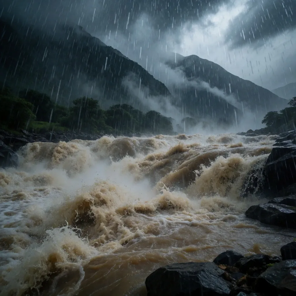 Río del Himalaya desbordado con aguas lodosas durante el monzón