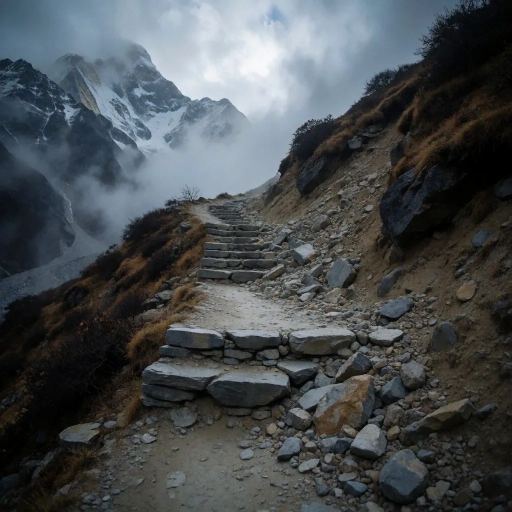 Sendero de montaña en el Himalaya nepalí dañado por deslaves
