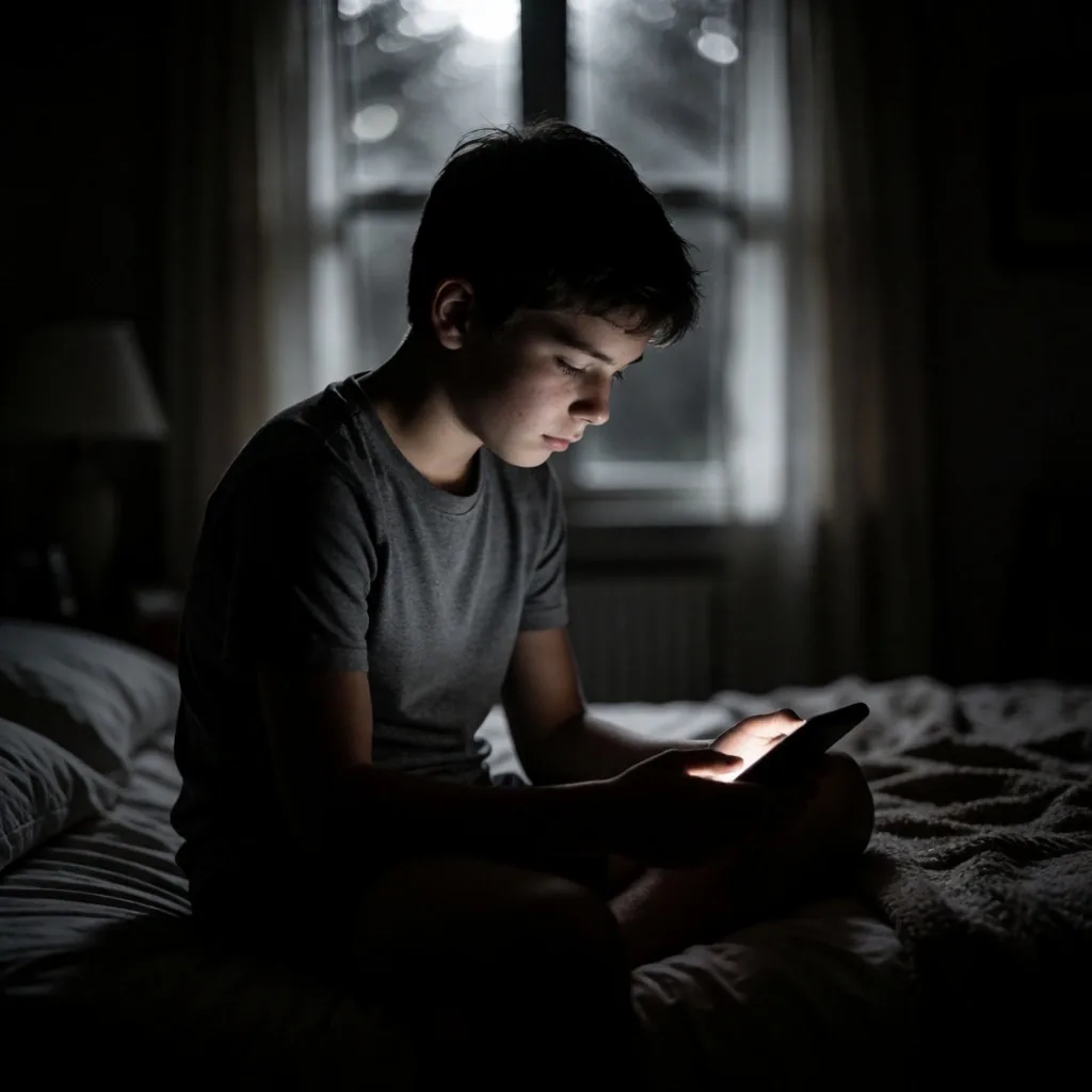 Adolescente usando teléfono en ambiente oscuro