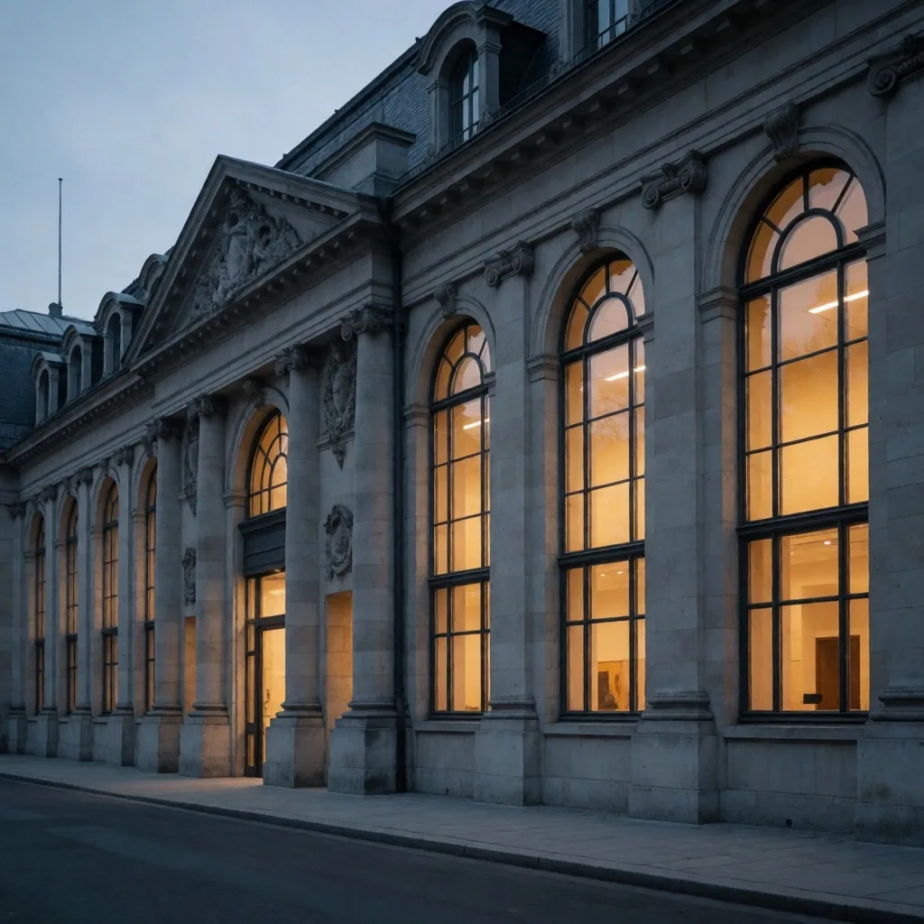 Edificio institucional europeo al anochecer