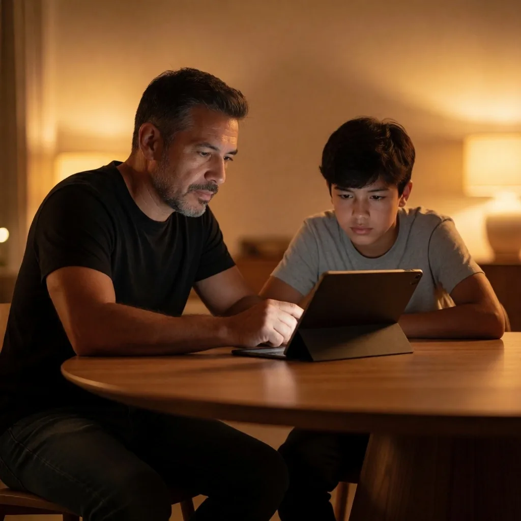 Padre e hijo revisando contenido digital juntos